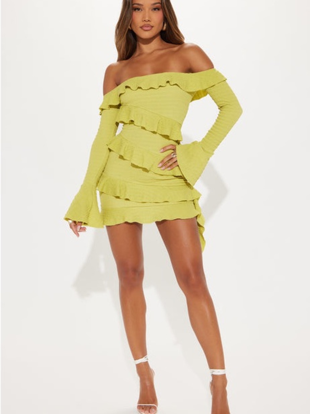 Fashion Nova Lime Off-Shoulder Ruffle Mini Dress